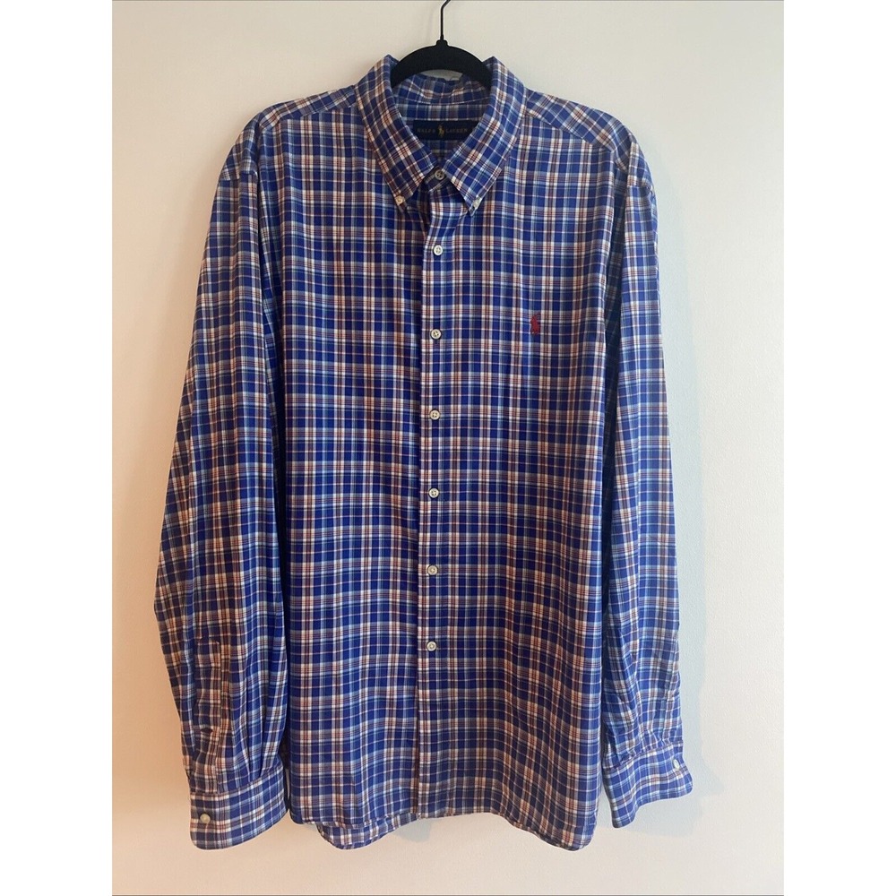 Men's RALPH LAUREN Blue White Red Plaid Shirt XXL Nice!